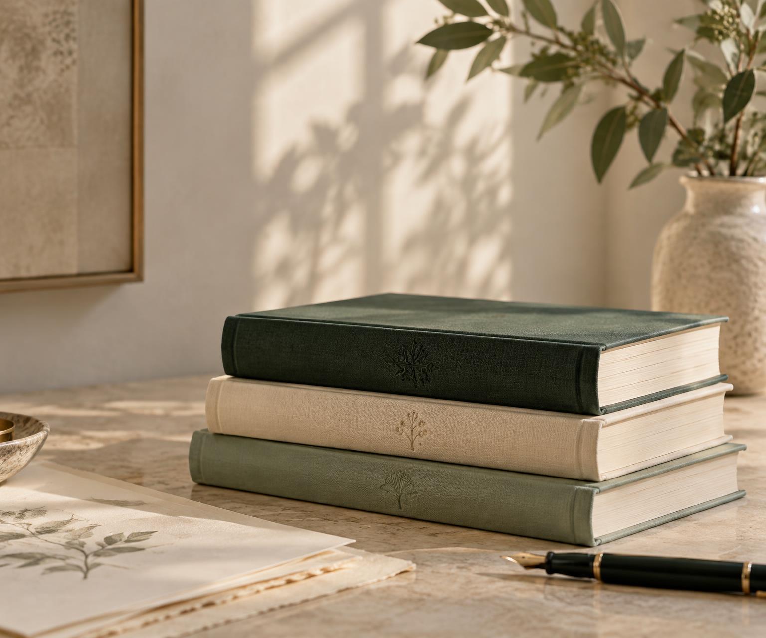 Three clothbound books, manuscript pages and a fountain pen in warm daylight