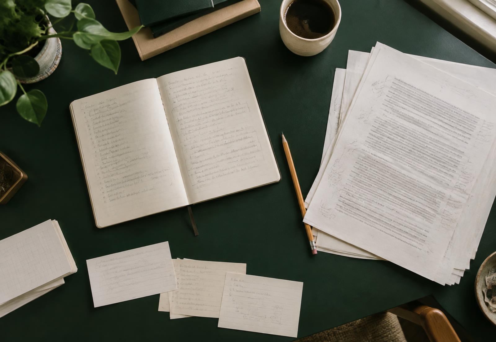 A notebook of handwritten planning notes beside annotated manuscript pages and index cards